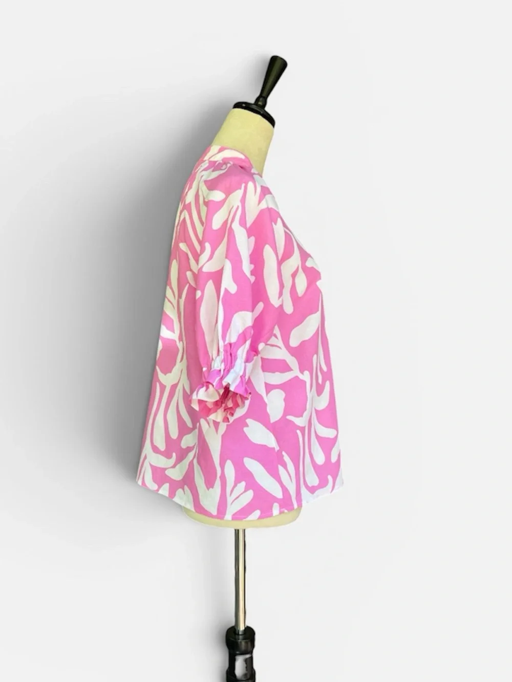Anthropologie THML Abstract Puff-Sleeve Blouse in Pink & White Sz XS